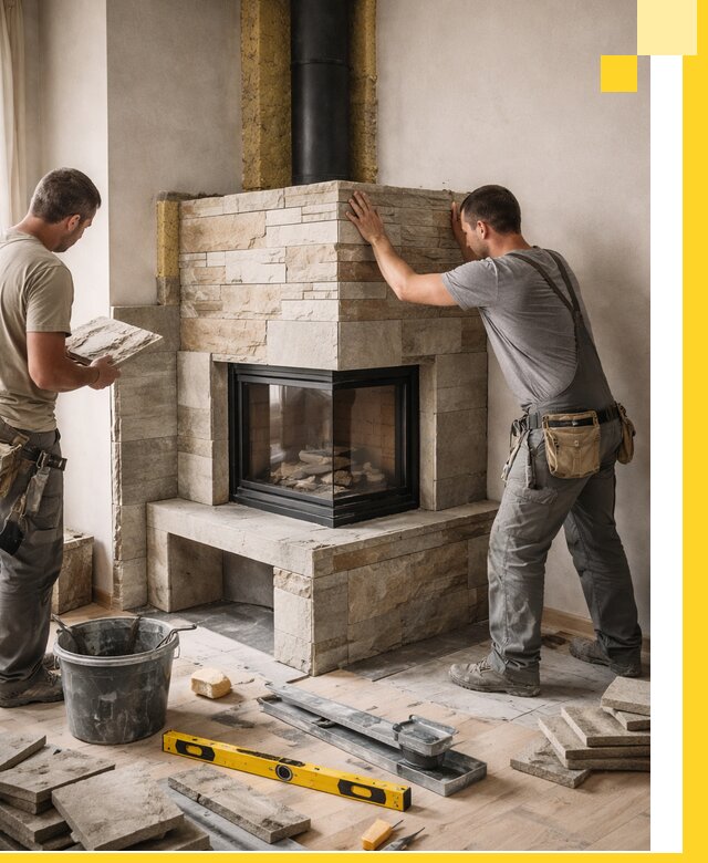 Угловые камины под ключ проект, монтаж и отделка в Прохладном